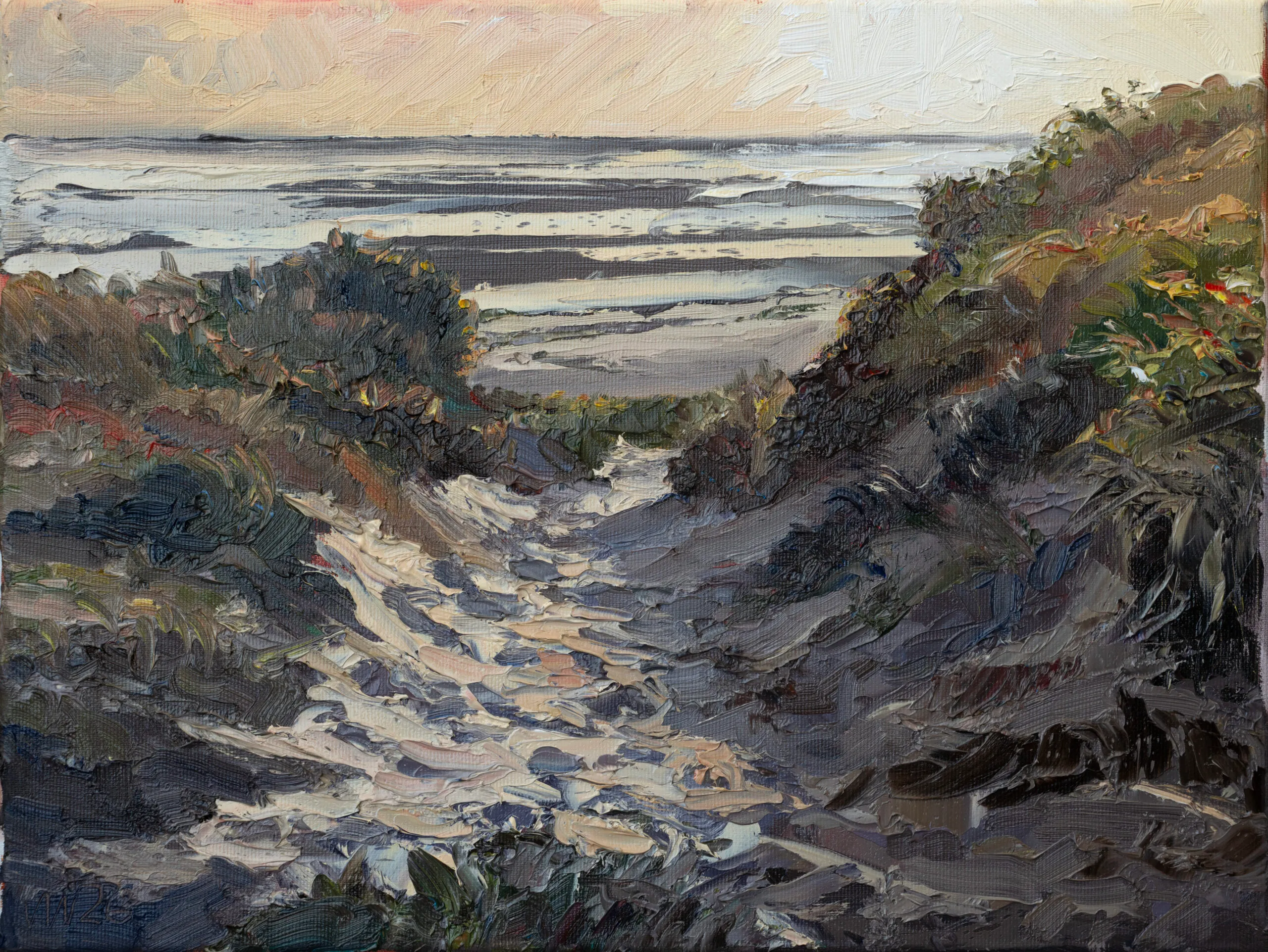 Ölbild: Weg durch die Dünen hinunter zum Strand im Abendlicht