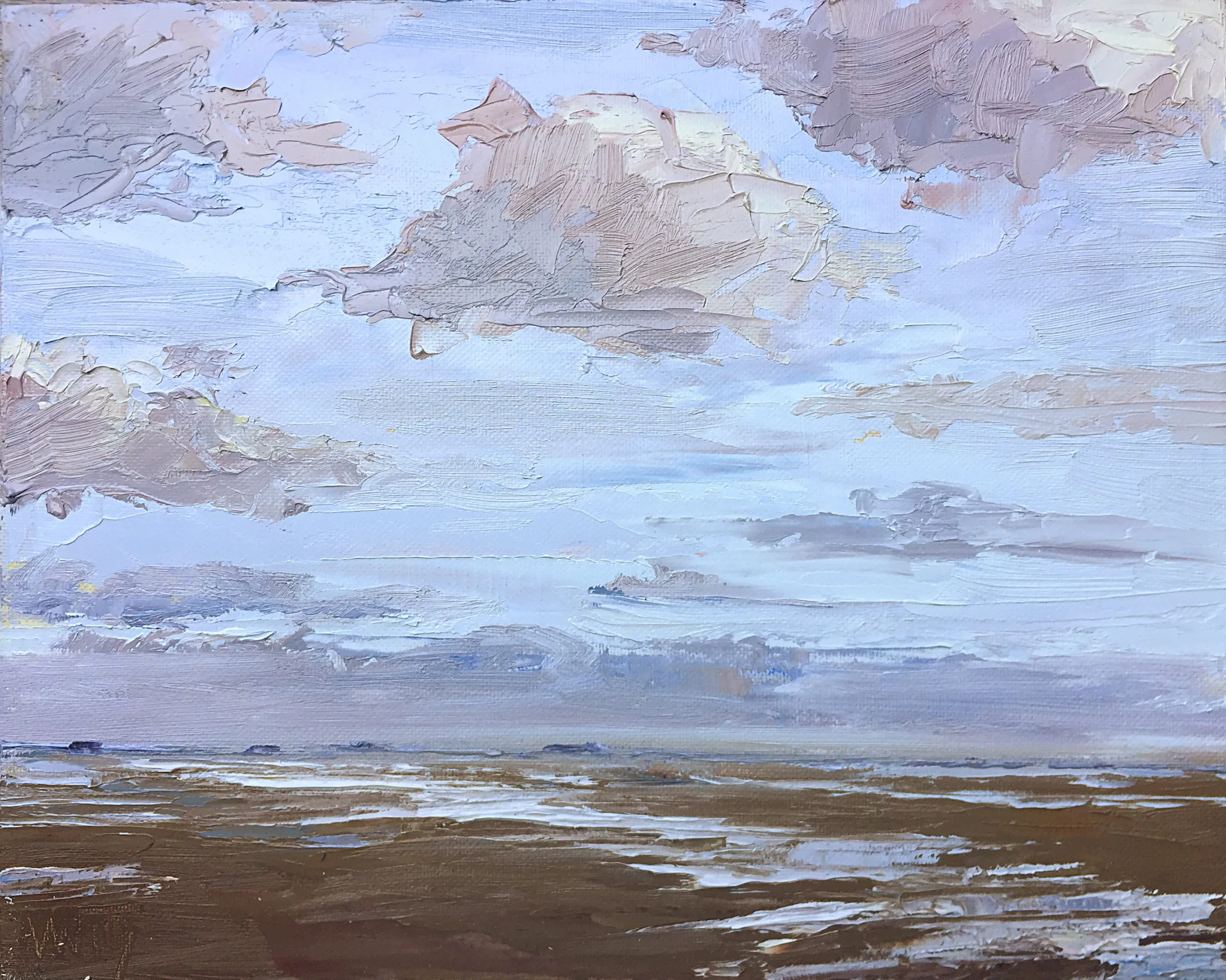 Ölbild: Dünengras im Vordergrund, dahinter das Meer unter Wolken