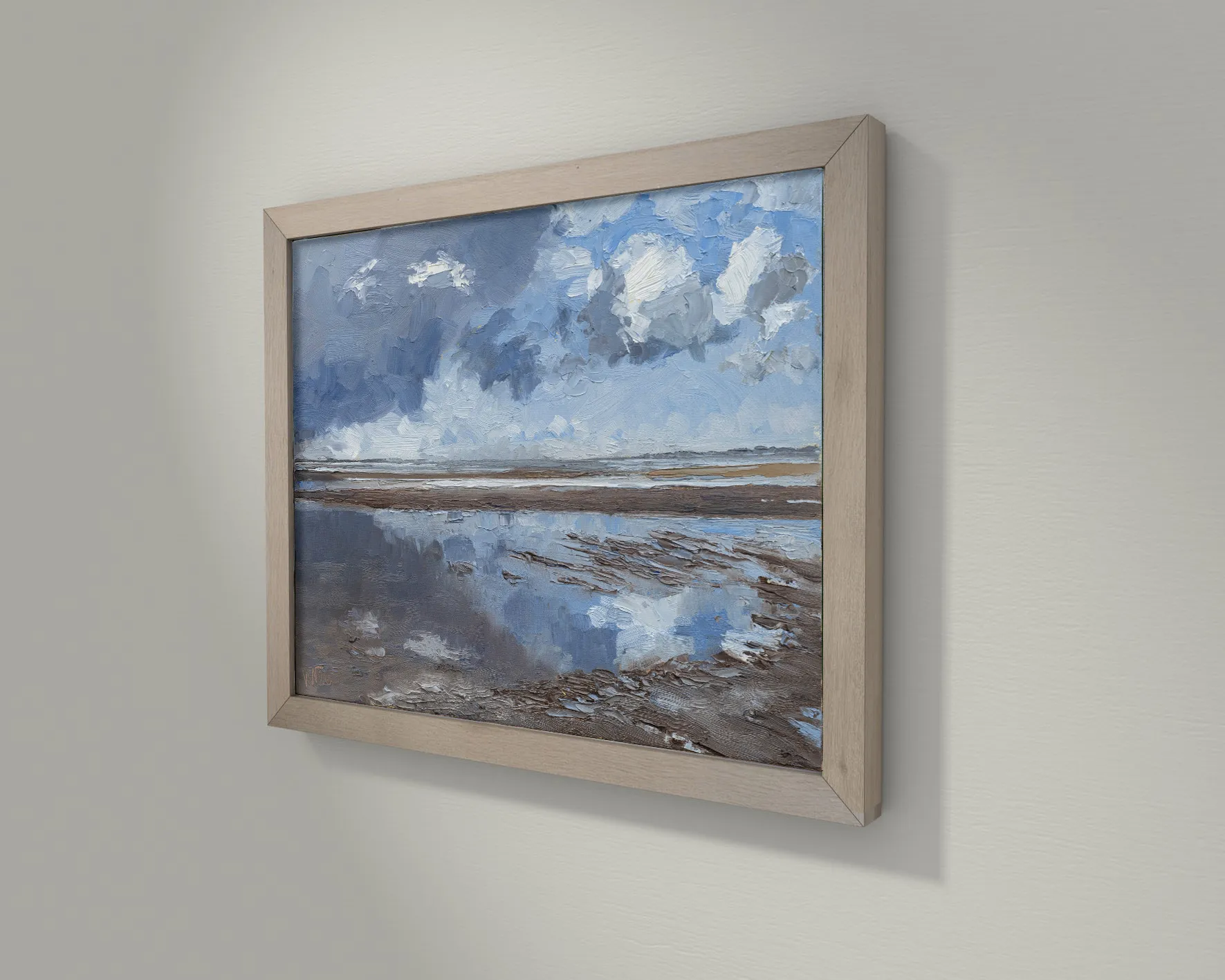 „Große Wolken bei Windstille über dem Watt“ an der Wand